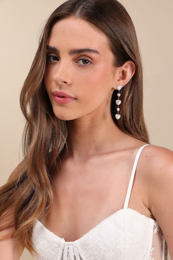 Endlessly Lovable Gold and White Pearl Heart Drop Earrings #Color_Gold and White