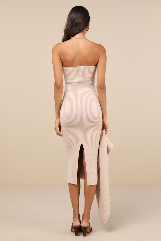 Autumn Aura Beige Ribbed Two-Piece Sweater Dress #Color_Beige