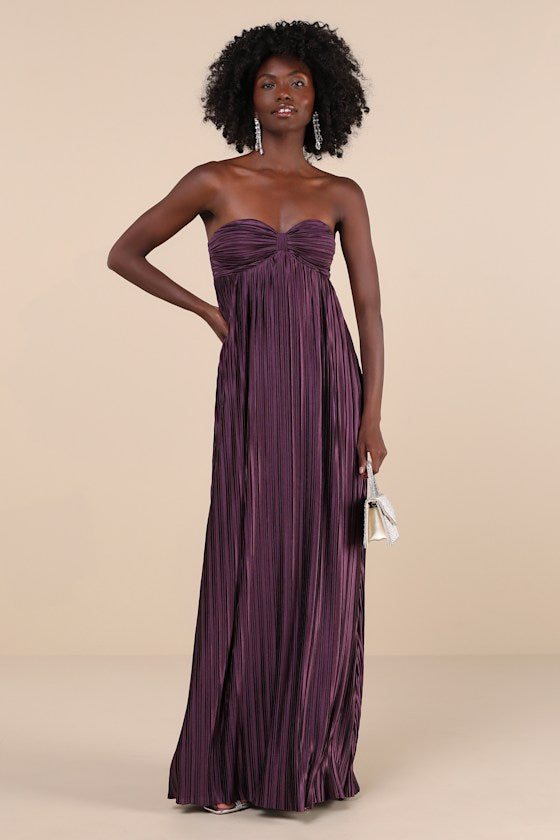 Whimsical Beauty Emerald Green Satin Plisse Strapless Maxi Dress #Color_Dark Purple