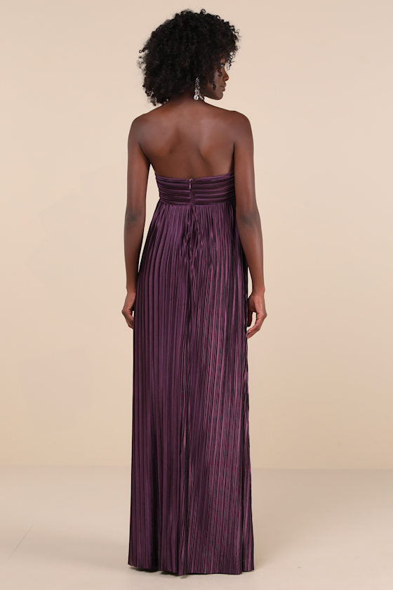 Whimsical Beauty Black Satin Plisse Strapless Maxi Dress