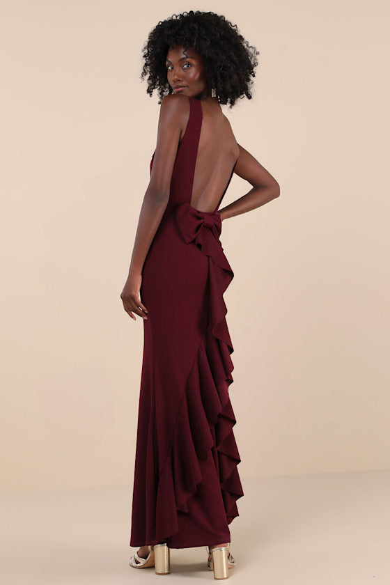 Exquisite Refinement Ivory Backless Bow Ruffled Maxi Dress #Color_Plum Purple