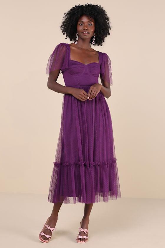 Dreamy Celebration White Tulle Bustier Swiss Dot Midi Dress #Color_Plum Purple