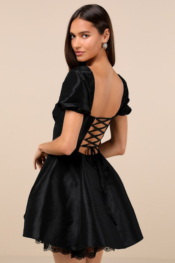 Enchanting Presence Black Taffeta Lace Puff Sleeve Mini Dress #Color_Black