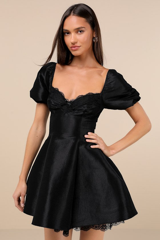 Enchanting Presence Black Taffeta Lace Puff Sleeve Mini Dress #Color_Black