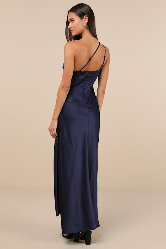 Signature Elegance Rose Satin One-Shoulder Maxi Dress
