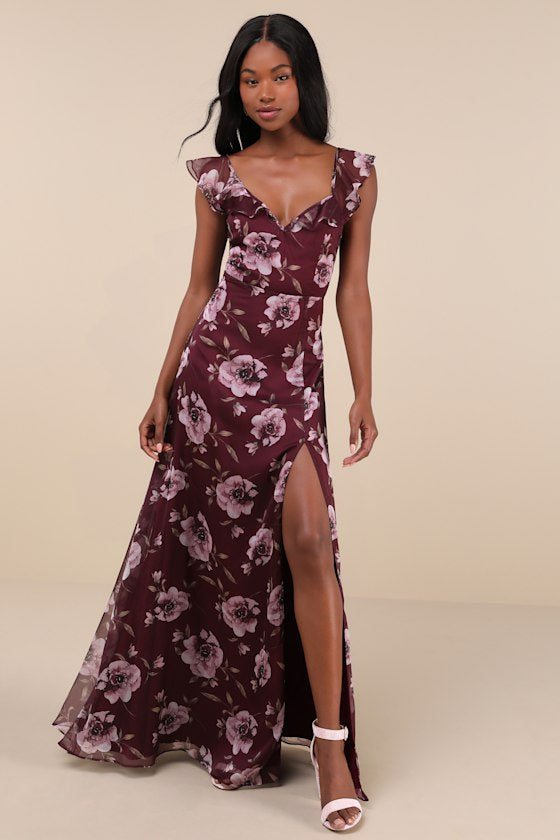 Sweetest Entrance Navy Blue Ruffled Tie-Back Maxi Dress #Color_Plum Purple Floral