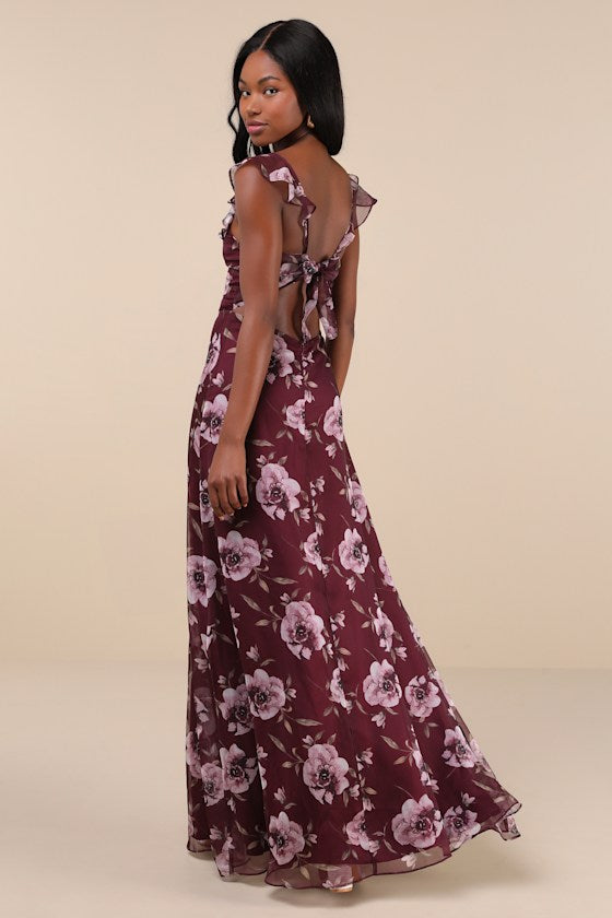 Sweetest Entrance Plum Purple Floral Ruffled Tie-Back Maxi Dress