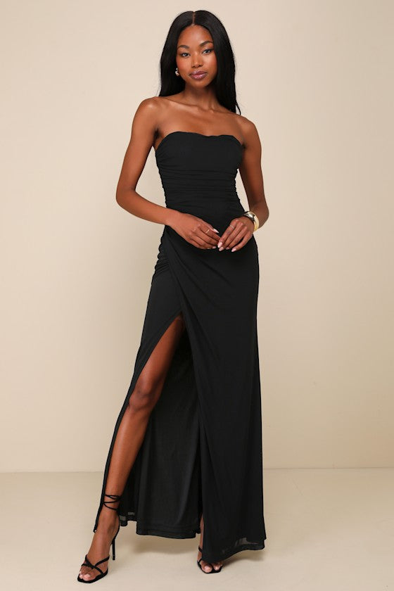 Epitome of Allure Brown Mesh Strapless Ruched Maxi Dress #Color_Black