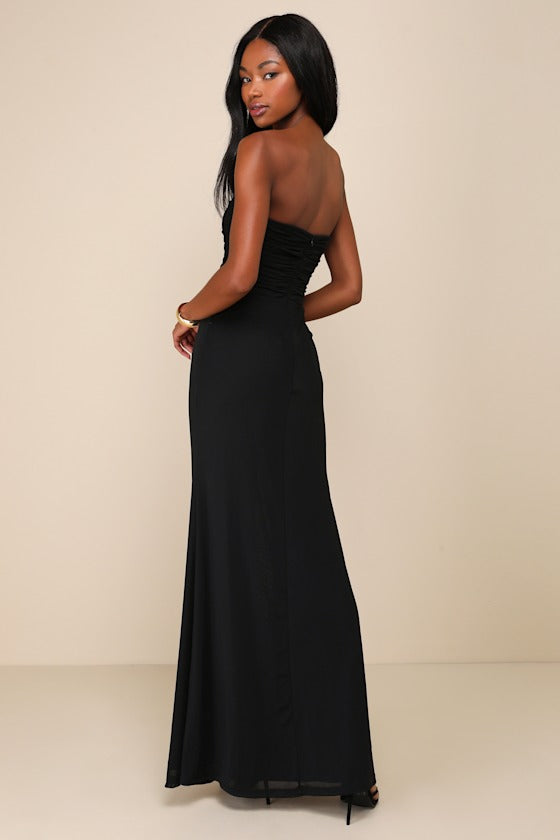 Epitome of Allure Purple Mesh Strapless Ruched Maxi Dress