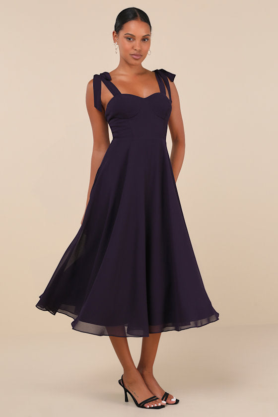 Sophisticated Charisma Navy Blue Tie-Strap A-Line Midi Dress