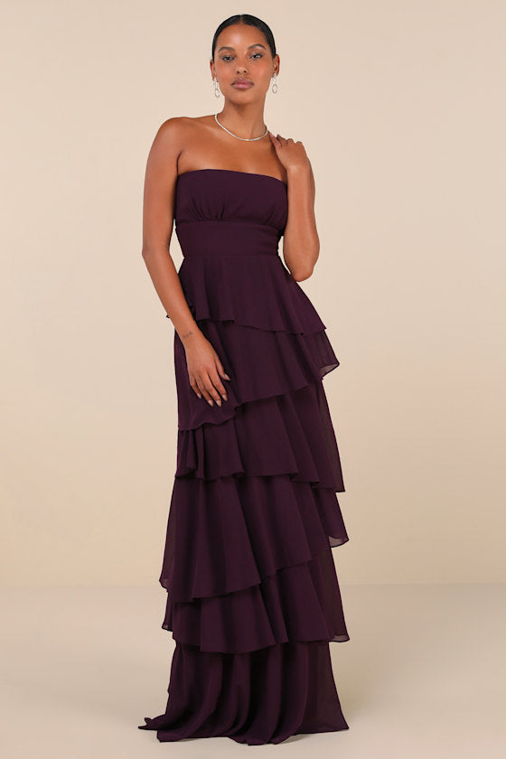 Gorgeous Essence Dark Purple Strapless Tiered Maxi Dress #Color_Dark Purple