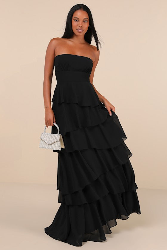 Gorgeous Essence Black Strapless Tiered Maxi Dress #Color_Black
