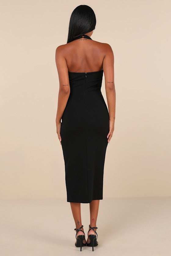 Prominent Charm Rust Brown Halter Bodycon Tulip Midi Dress