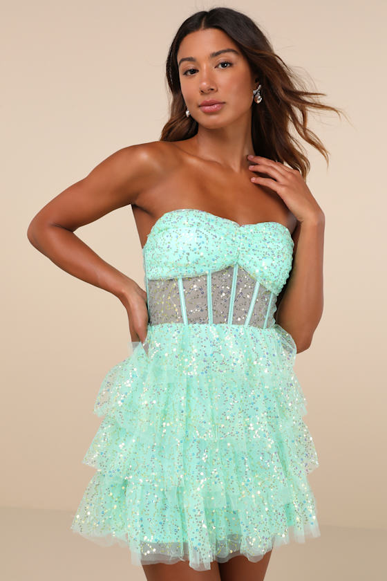 Illustrious Glow Black Sheer Tulle Sequin Tiered Mini Dress #Color_Mint Green