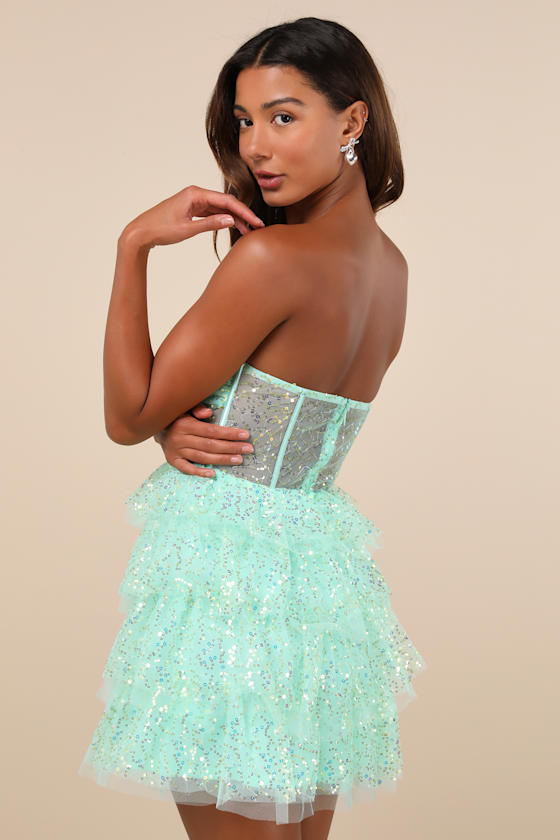 Illustrious Glow Black Sheer Tulle Sequin Tiered Mini Dress