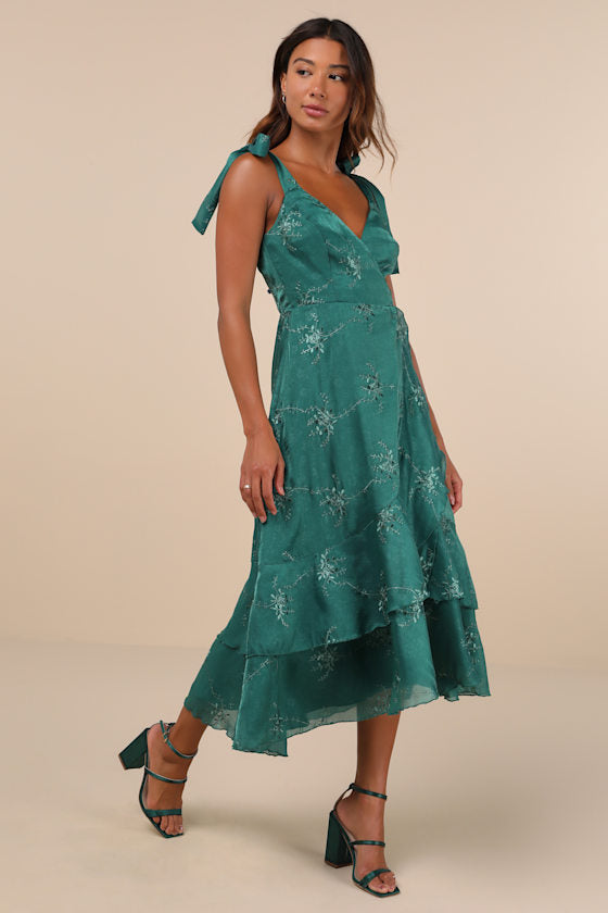 Elegant Direction Green Embroidered Ruffled Tie-Strap Midi Dress #Color_Green