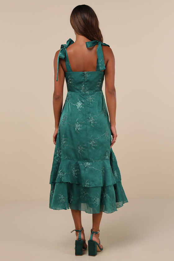 Elegant Direction Green Embroidered Ruffled Tie-Strap Midi Dress #Color_Green