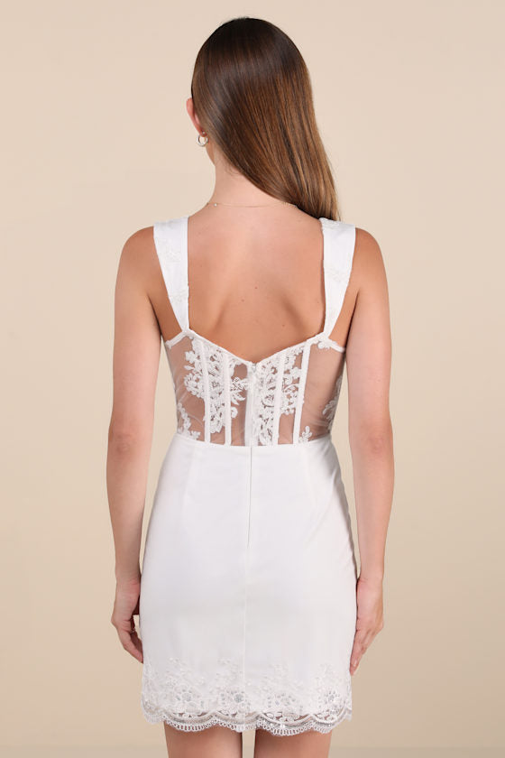 Coveted Delight White Sequin Mesh Embroidered Bustier Mini Dress