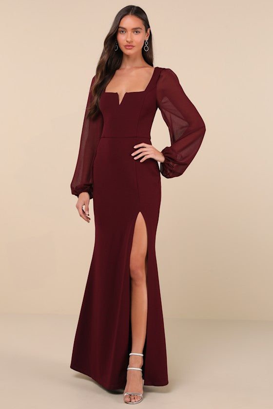 Composed Elegance Burgundy Balloon Sleeve Mermaid Maxi Dress #Color_Burgundy