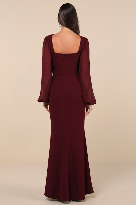 Composed Elegance Burgundy Balloon Sleeve Mermaid Maxi Dress #Color_Burgundy