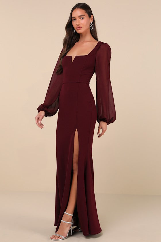 Composed Elegance Burgundy Balloon Sleeve Mermaid Maxi Dress