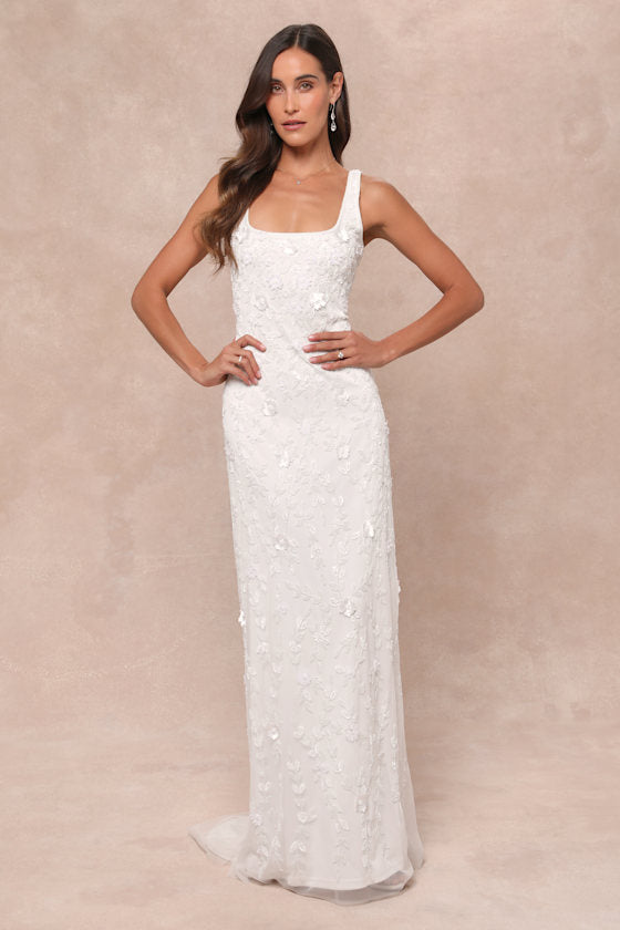Extraordinary Glamour White 3D Floral Beaded Backless Maxi Dress #Color_White