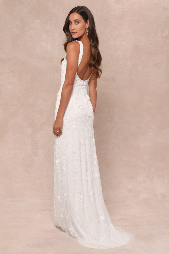 Extraordinary Glamour White 3D Floral Beaded Backless Maxi Dress #Color_White