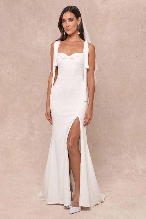 Splendid Love White Bustier Tie-Strap Mermaid Maxi Dress #Color_White