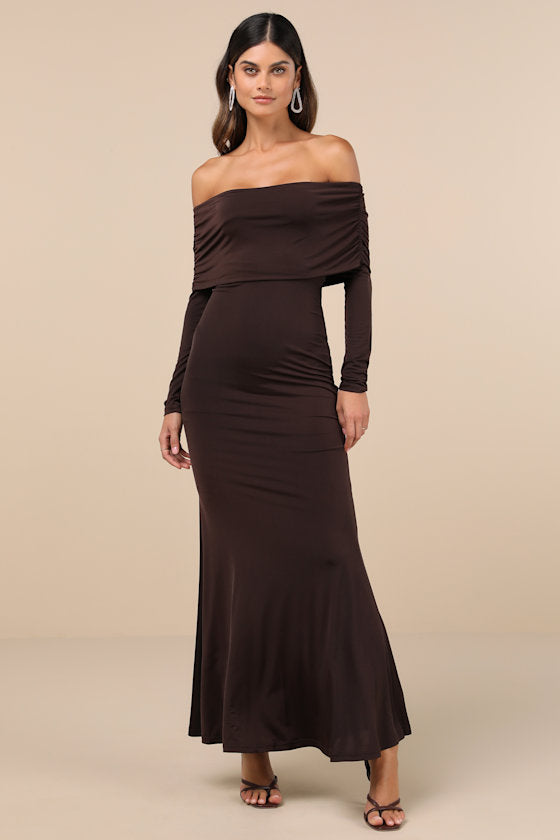 Effortlessly Stunning Dark Brown Off-the-Shoulder Maxi Dress #Color_Dark Brown