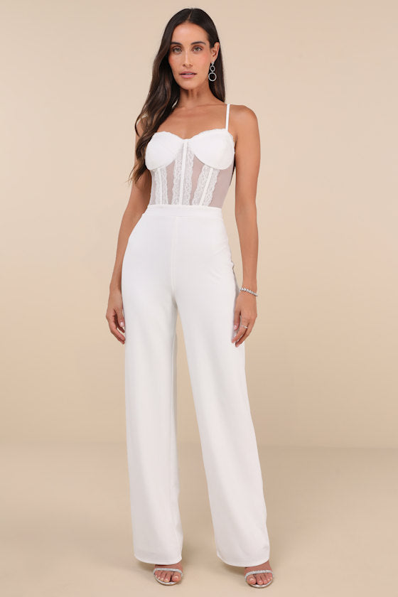 Perfectly Sultry White Sheer Mesh Bustier Wide-Leg Jumpsuit #Color_White