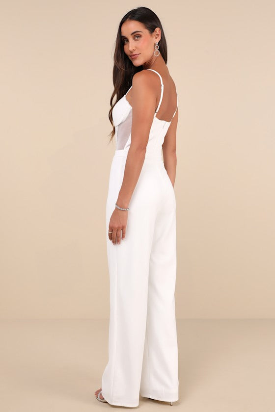 Perfectly Sultry White Sheer Mesh Bustier Wide-Leg Jumpsuit #Color_White