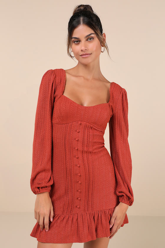 Coveted Sweetness Black Pointelle Knit Long Sleeve Mini Dress #Color_Rust