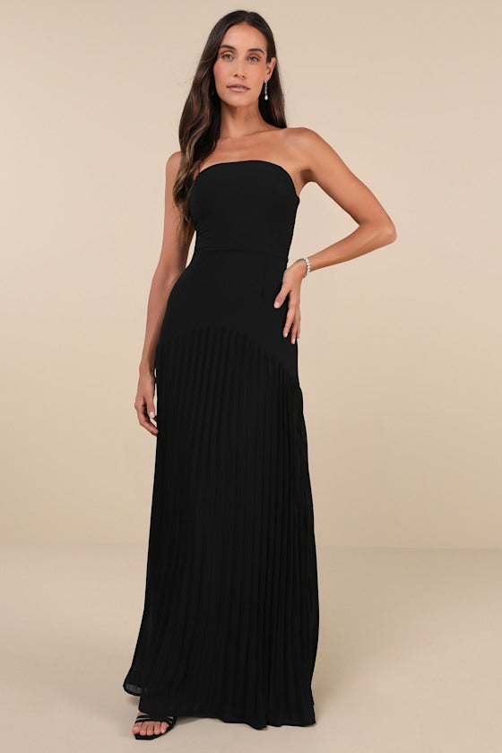 Celebratory Aesthetic Pink Floral Pleated Strapless Maxi Dress #Color_Black