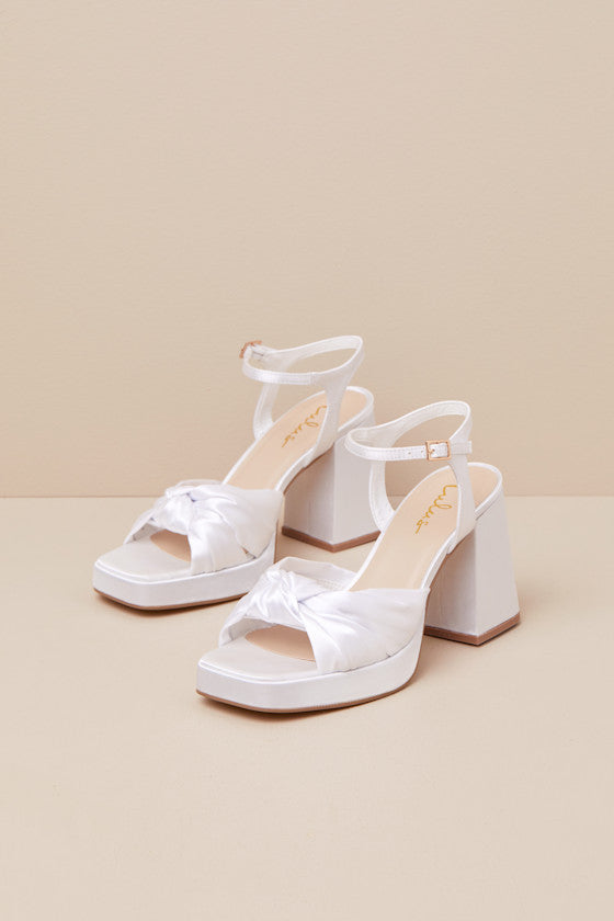 Remie White Satin Knotted Platform High Heel Sandals #Color_White
