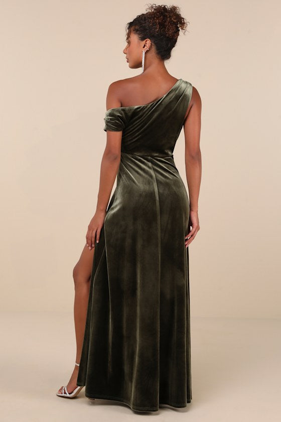 Coveted Confidence Rust Orange Velvet Asymmetrical Maxi Dress