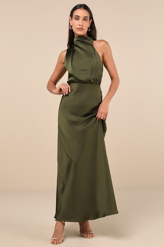 Distinctive Charm Rose Pink Satin Asymmetrical Maxi Dress #Color_Olive Green