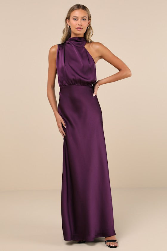 Distinctive Charm Olive Green Satin Asymmetrical Maxi Dress #Color_Purple