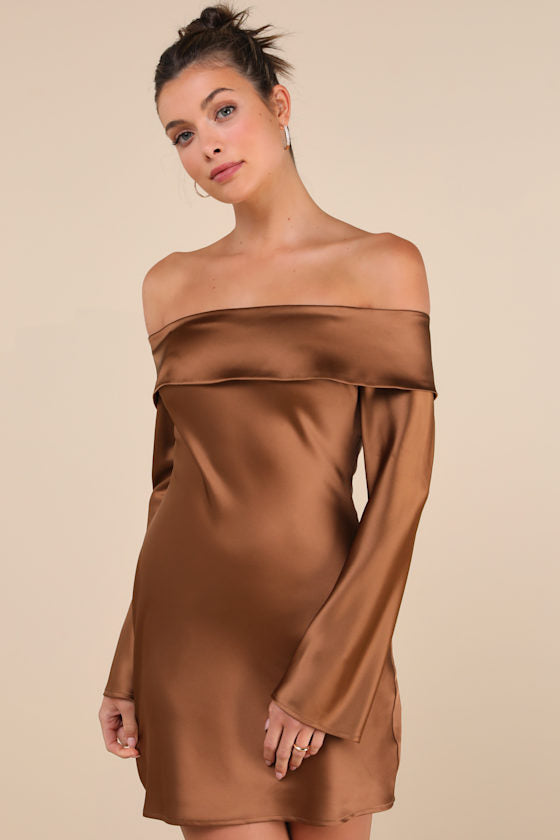 Luxurious Vision Teal Satin Off-the-Shoulder Mini Dress