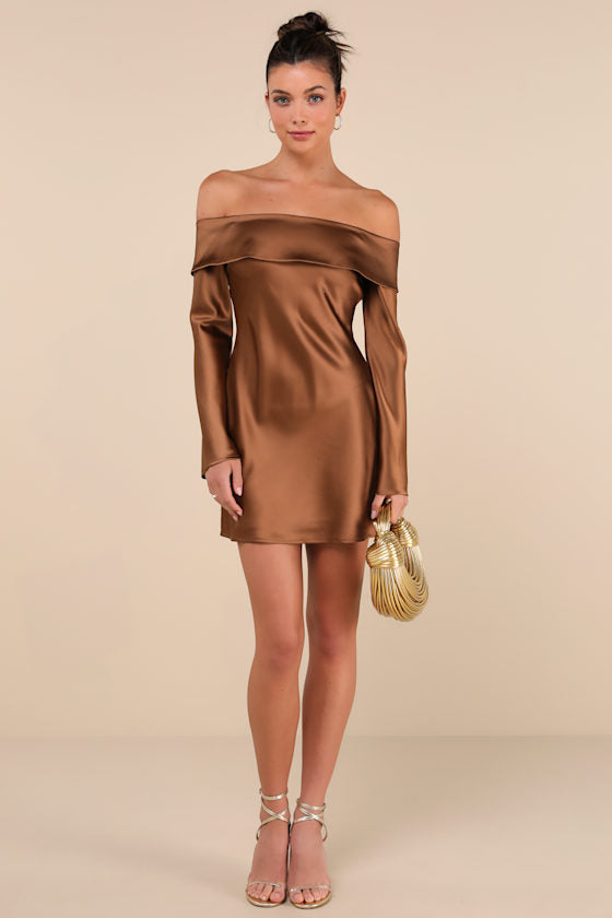 Luxurious Vision Light Yellow Satin Off-the-Shoulder Mini Dress