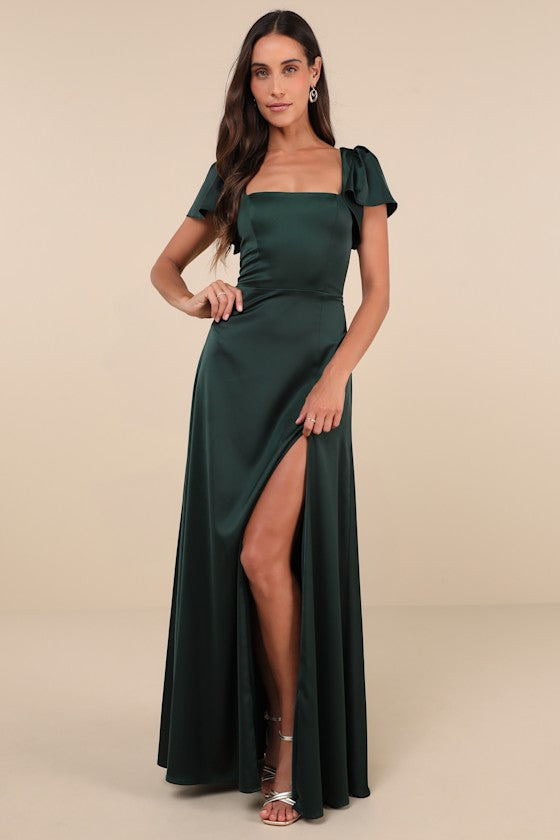 Ultimate Sweetness Emerald Green Satin Flutter Sleeve Maxi Dress #Color_Emerald Green