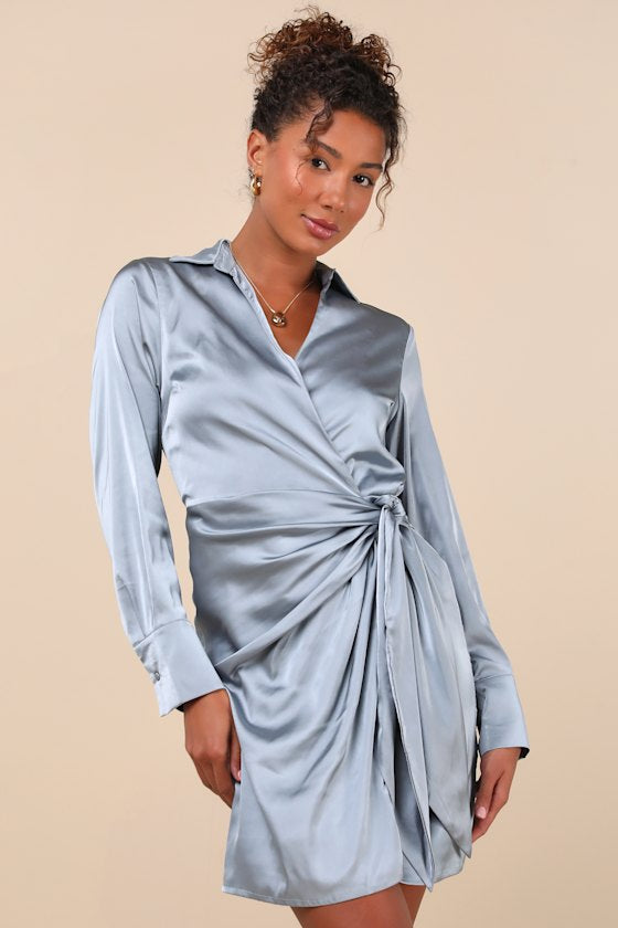 Painterly Perfection Slate Blue Satin Wrap Mini Dress #Color_Slate Blue