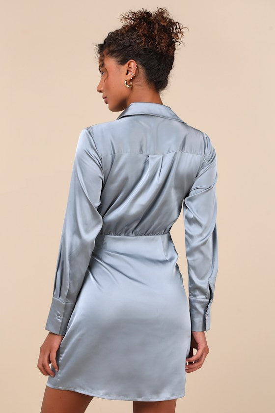 Painterly Perfection Slate Blue Satin Wrap Mini Dress #Color_Slate Blue
