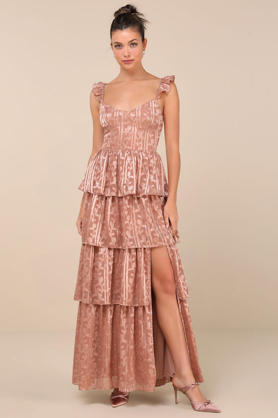 Stunning Glory Light Pink Floral Jacquard Tiered Maxi Dress #Color_Dusty Pink
