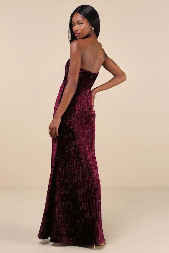 Classy Sensation Navy Blue Velvet Pleated Strapless Maxi Dress
