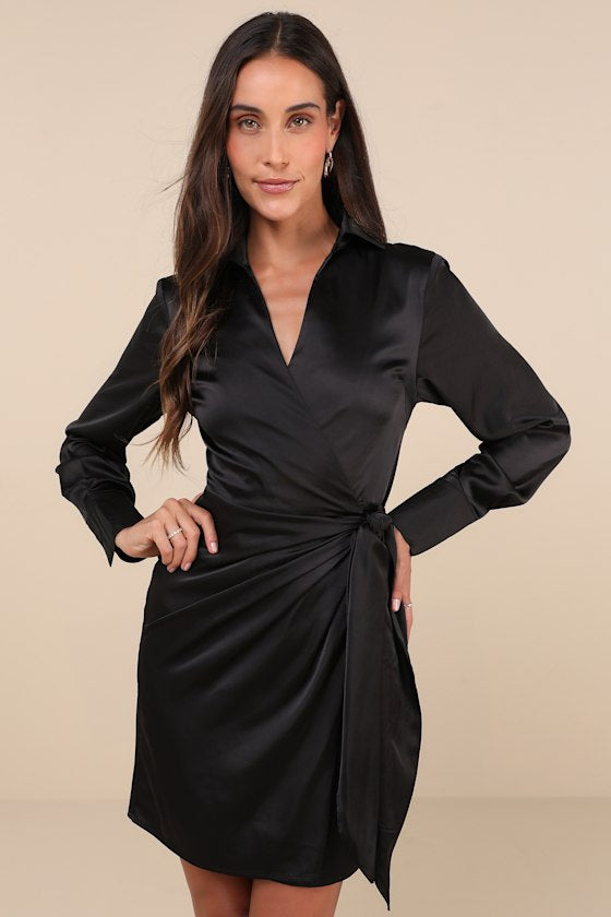 Painterly Perfection Slate Blue Satin Wrap Mini Dress #Color_Black