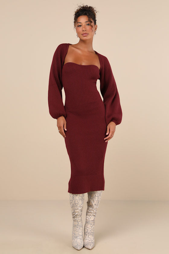 Autumn Aura Beige Ribbed Two-Piece Sweater Dress #Color_Burgundy
