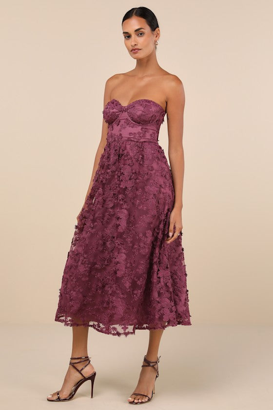 Quite Perfect Purple Floral Embroidered Strapless Midi Dress #Color_Purple