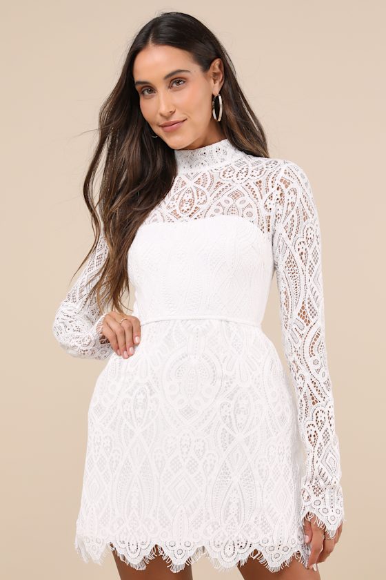Gorgeous Attraction White Lace Structured Long Sleeve Mini Dress #Color_White