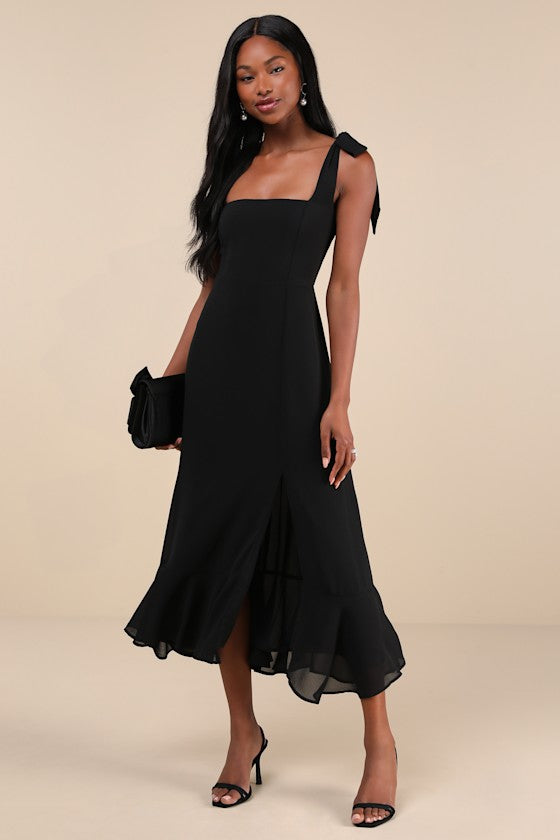 Summer Invite Black Tie-Strap Tiered Midi Dress #Color_Black