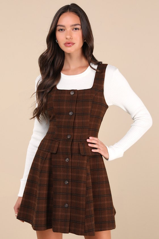 Autumn Approach Brown Plaid Sleeveless Button-Up Mini Dress #Color_Brown Plaid